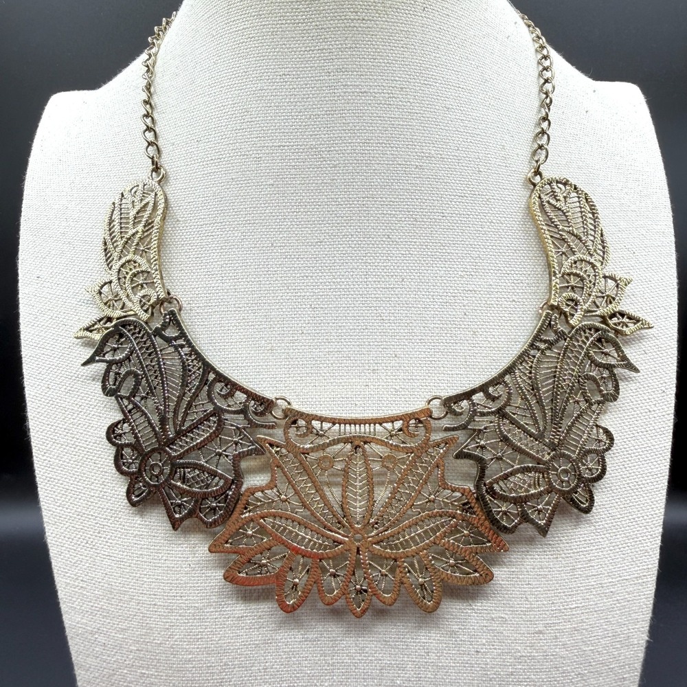 Antique Gold Tone Filigree Floral Bib Necklace Boho Statement Festival Jewelry